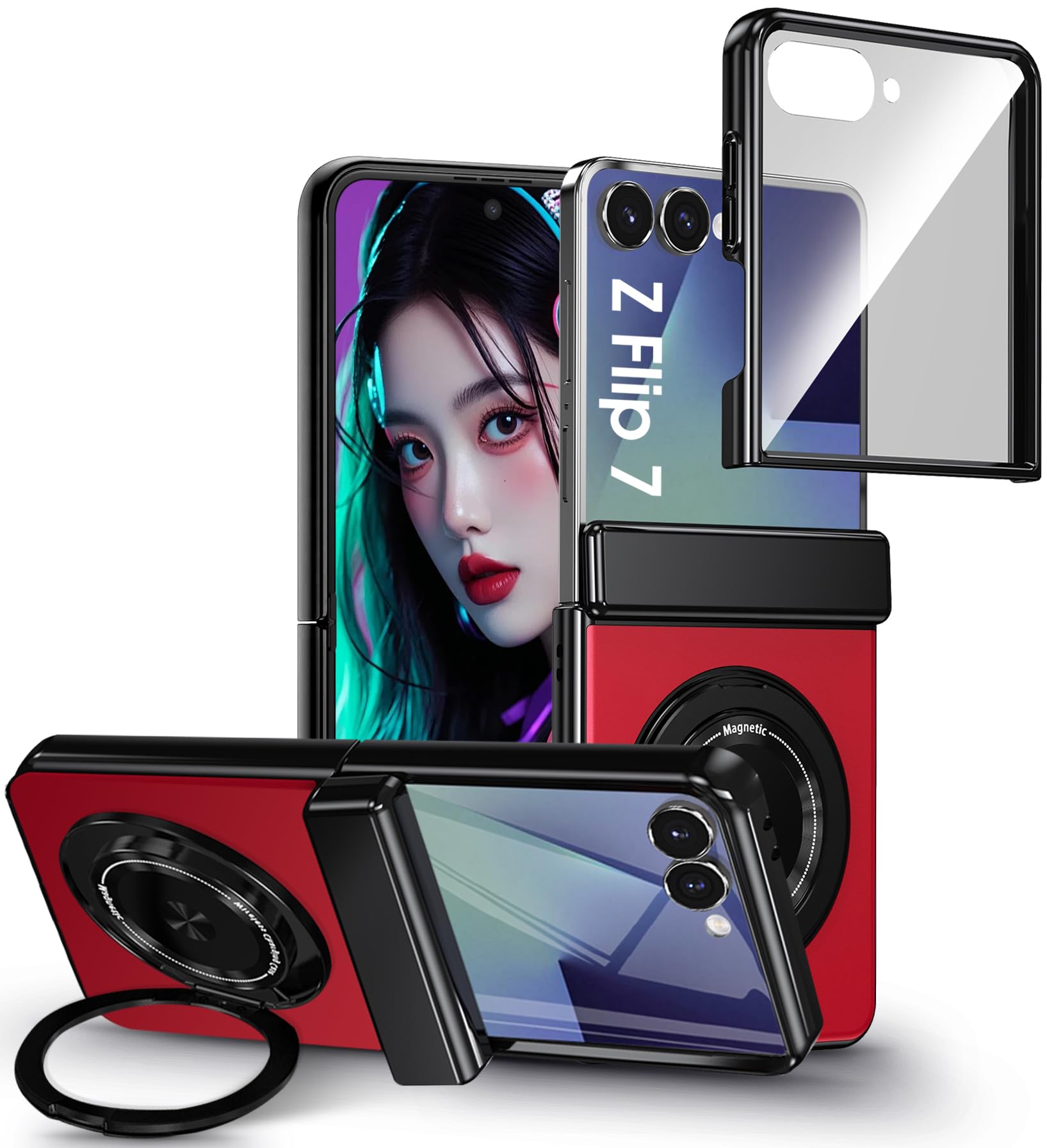 Photo 1 of Fiyer for Samsung Galaxy Z Flip 7 Case with Screen Protector, Hinge Protection Phone Case for Z Flip 7, with Mag-Safe, 360° Rotating Ring Holder, Hard PC Shockproof Full Body Protective Cover (Red)