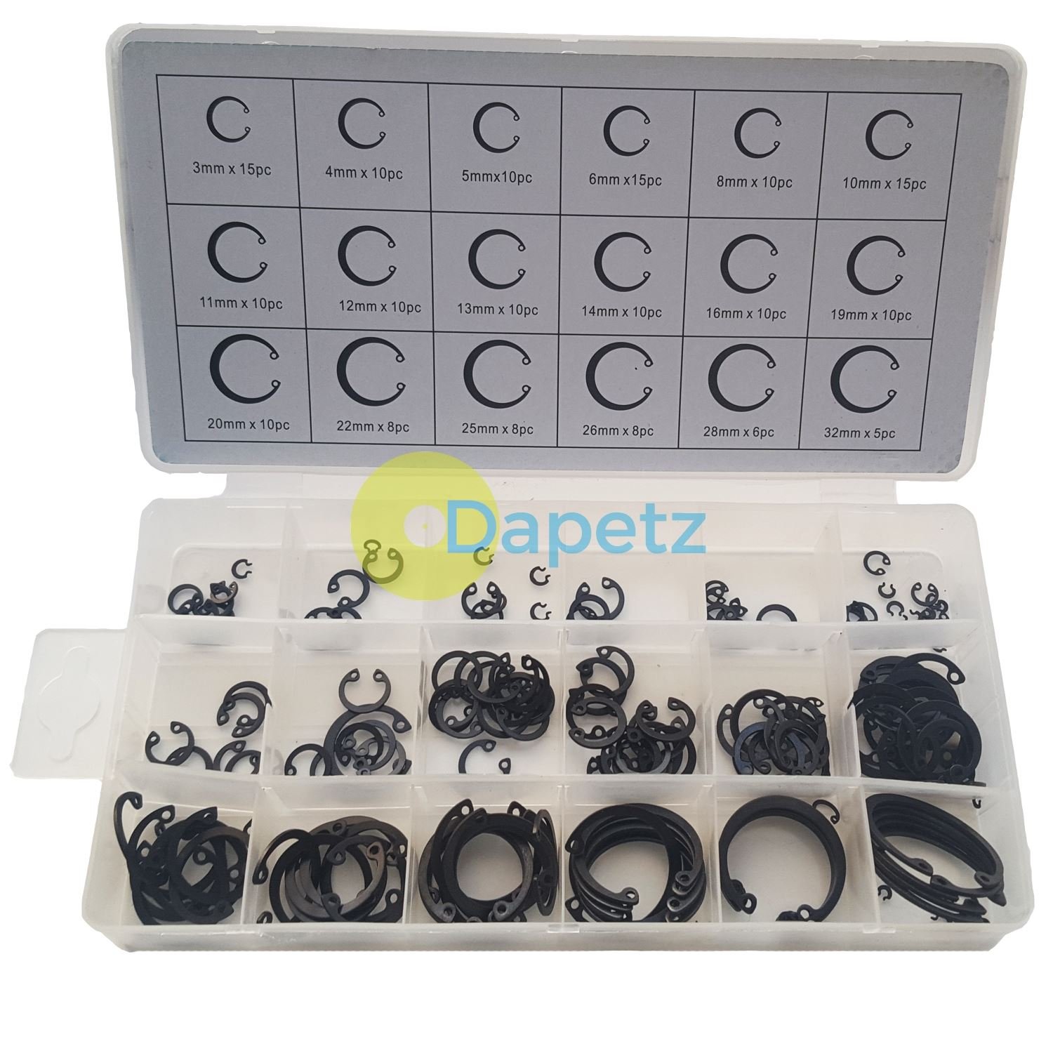 Dapetz ® 180Pcs Internal Circlip Set Snap Ring Assortment Set, 3mm to 32mm Sizes for for Axles, Shafts & Other Moving Parts Supplied in Plastic Storage Case