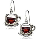 EnCharmed Sterling Silver Coffee Cup Charm Earrings with Red Cubic Zirconia, Barista Caffeine Lover Pendant Jewelry