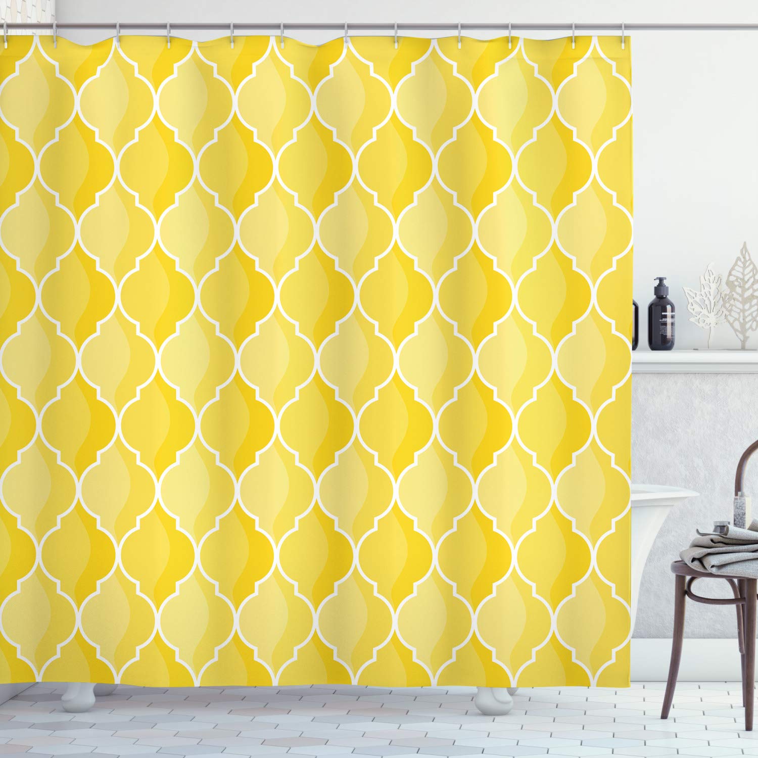 ABAKUHAUS Yellow Shower Curtain, Ancient Moroccan Trellis Pattern in Yellow Tones Vintage Eastern Pattern, Fabric Bathroom Decor Set with Hooks, 78" Inches, White Yellow Mustard