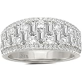 Wuziwen Wide Wedding Bands for Women Round and Baguette Eternity Anniversary Ring 925 Sterling Silver Cubic Zirconia