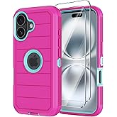 Annymall for iPhone 16 Case with Screen Protector,Heavy Duty 3-Layer Military Grade Drop Protection Cases,Full Body Shock-Absorbing Dust Proof Rugged Bumper Phone Cover for Apple 16 6.1" (Rose)
