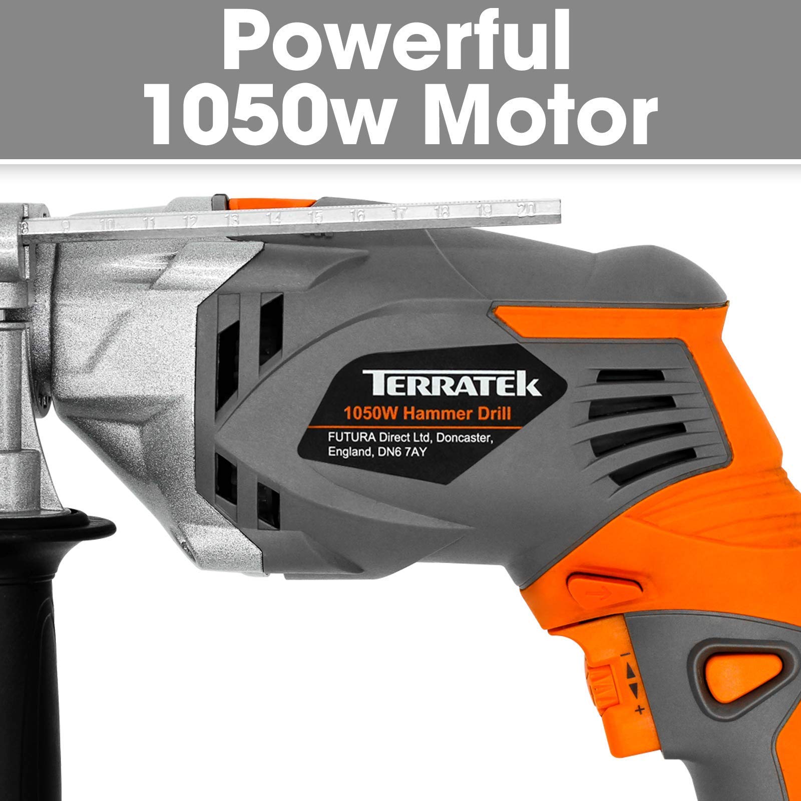 Terratek Corded Hammer Drill 1050W Variable Speed 0-3100RPM, 2 in 1 Hammer Drill & Electric Drill Function for Concrete, Steel & Wood with Auxiliary Handle Included