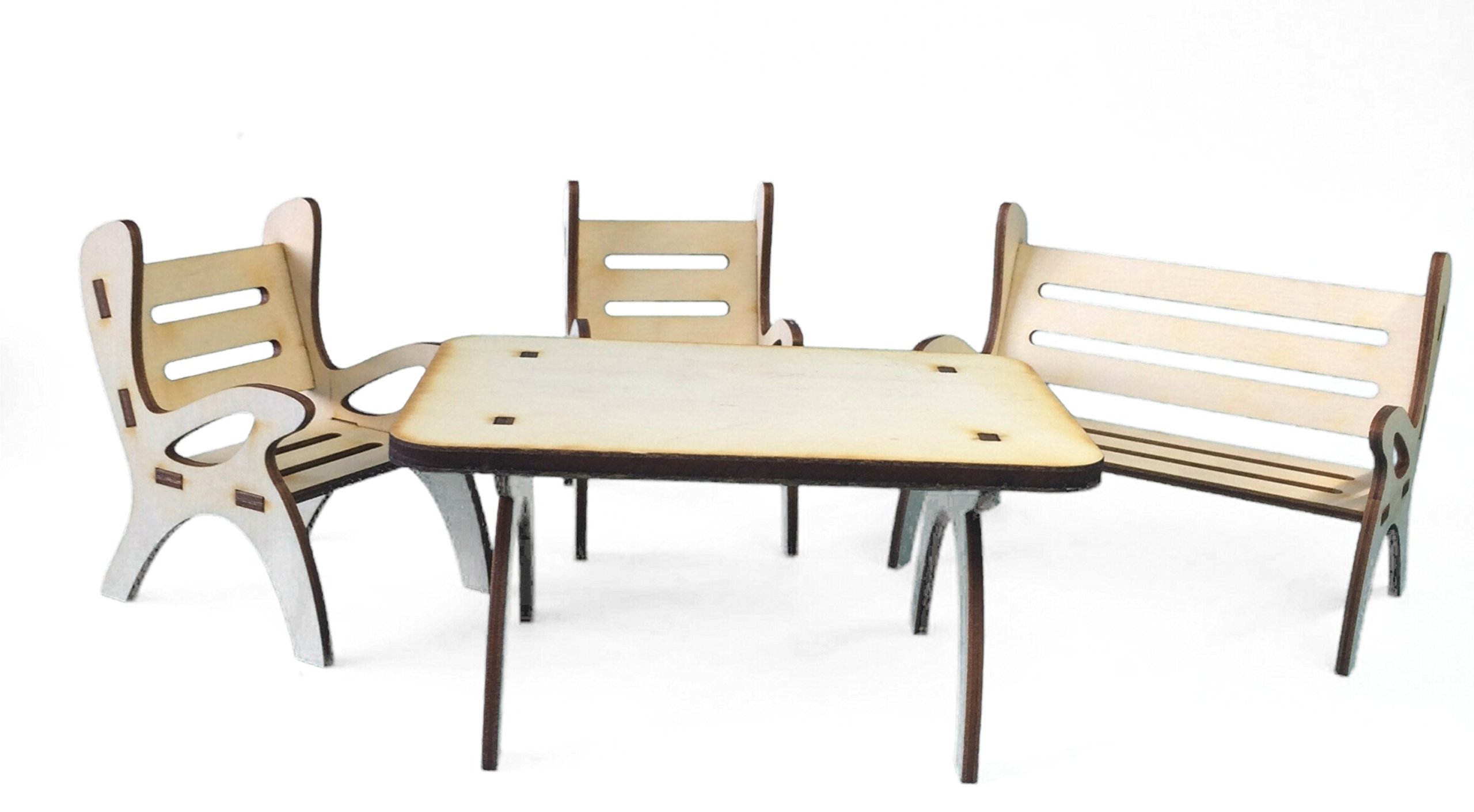 Petra's Bastel News 4-piece set consisting table, 1 x garden bench and 2 wooden chairs height approx. 6 cm, Wood