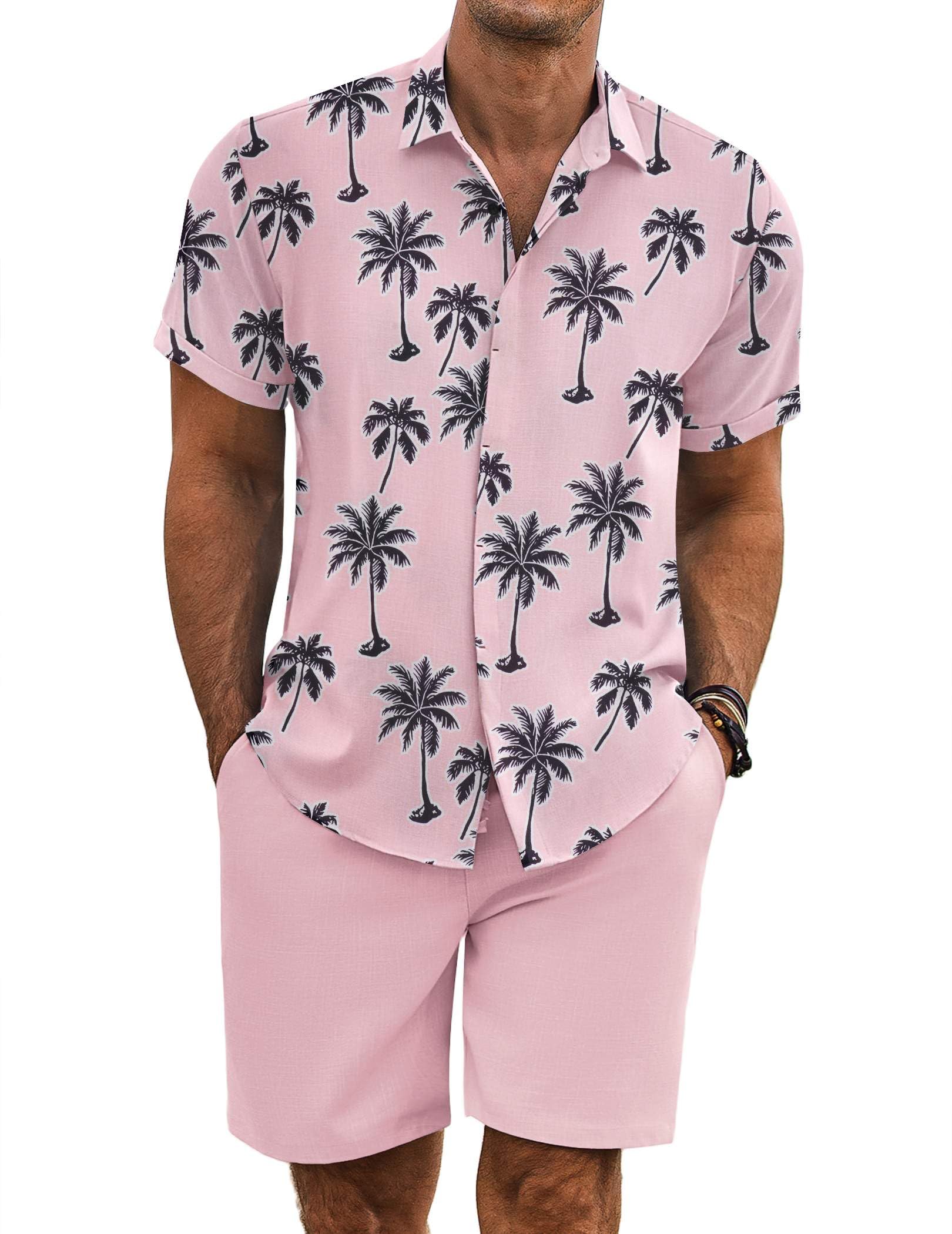 COOFANDY Men's Summer Beach Outfits 2 Piece Short Sleeve Shirts and Shorts Vacation Linen Sets for Men Image