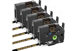 GREATEAM Replacement for Brother Label Maker Tape Gold on Black 12mm 0.47" P Touch Label Tape Gold TZe-334 TZe334, Compatible with Brother Label Maker PT-D220 PT-H110 PT-D210 PT-D400 PT-P710BT PT-D200, 5-Pack