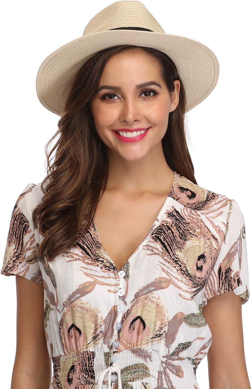 Lanzom Women Wide Brim Straw Panama Roll up Hat Fedora Beach Sun Hat UPF50+ (Khaki) One Size at  Women’s Clothing store
