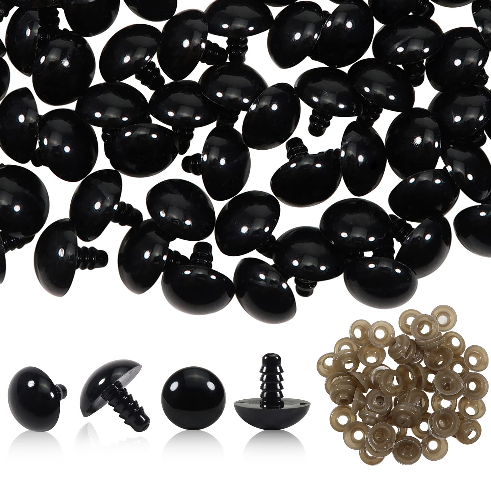 TOAOB Pack of 50 16mm Black Plastic Safety Eyes with Washers for Crochet Animals for DIY Doll Eyes Button Dolls Puppet Plush Toy