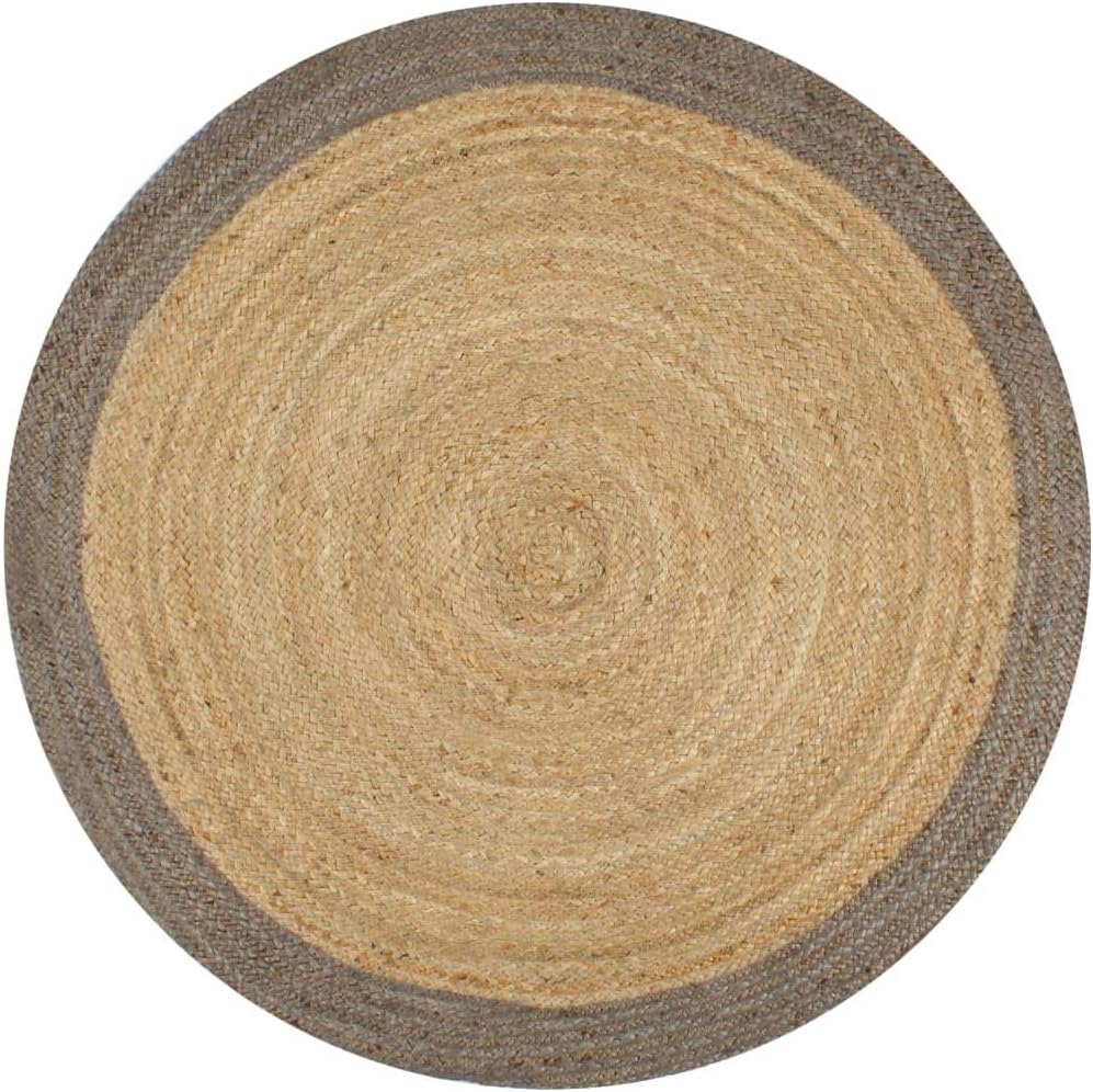 Tidyard Handmade Braided Jute round Natural Fiber Rug with Grey Border 150cm