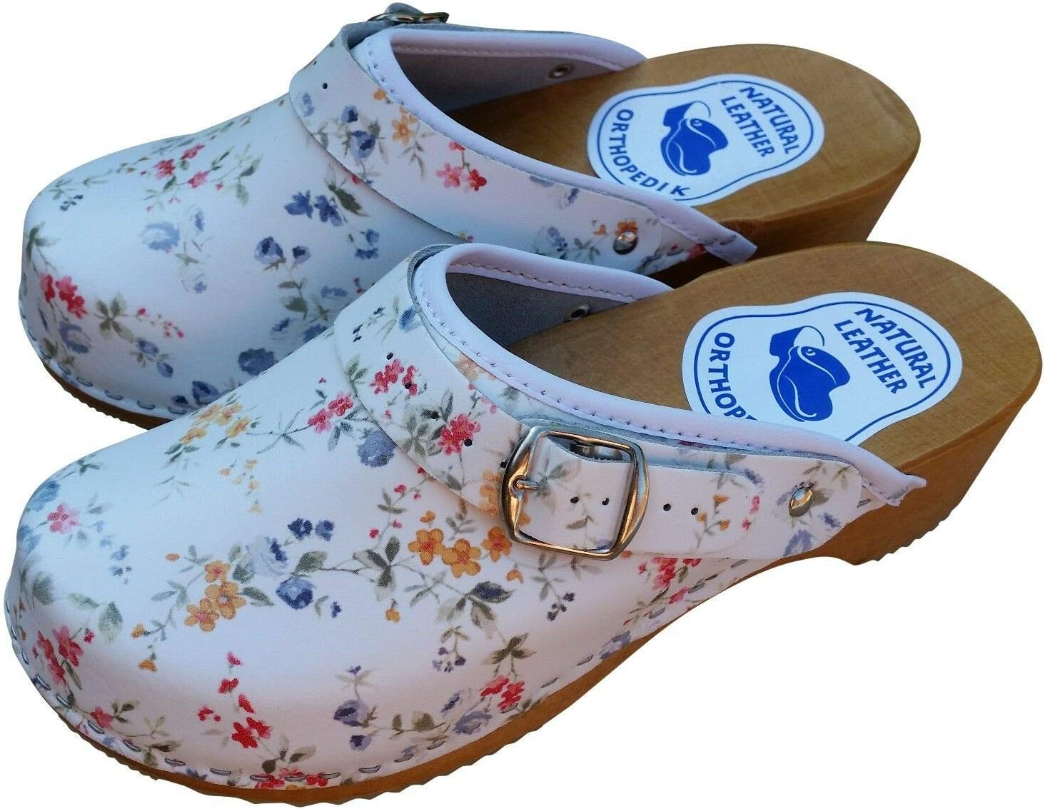 PAFOLIWomen’s Leather Clogs - Natural Swedish Handmade Wooden Sole Sandals Easy Fit with Strap Buckle in Smooth Finish Available in All UK Sizes