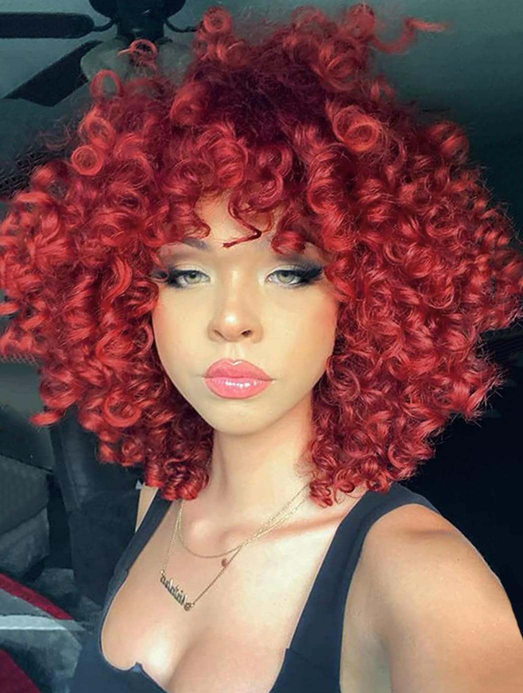 Colorfulpanda Curly Afro Wig for Black Women Natural High Heat Synthetic Hair wigs with Fringe Short Kinky Curly Full Wig Cosplay Party Daily Wear,Golden Red