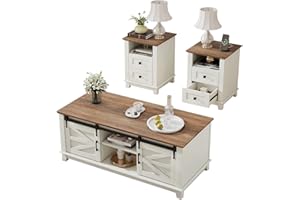 LUXOAK Farmhouse Table Set of 3, Coffee Table with Sliding Barn Doors, End Tables Set of 2 with Charging Station for Living Room & Bedroom, Sliding Barn Doors, 2 Tiers Storage Drawer, Antique White