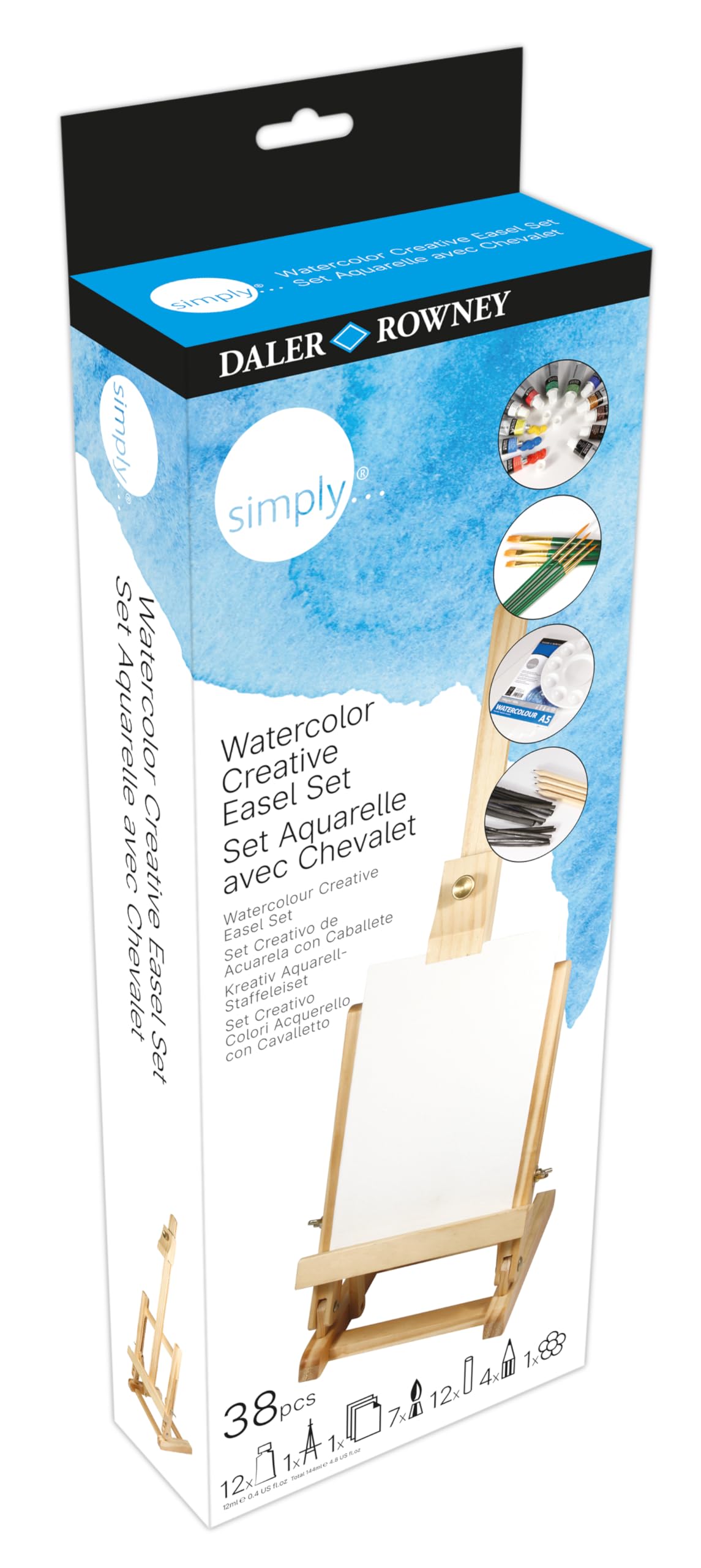 Daler-Rowney Simply Watercolour Creative Easel Set, Assorted Colours, Multi-Surface, For Entry-Level Artists & Hobbyists