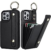 Folosu for iPhone 12/12 Pro Wallet Case with Card Holder, Hand Wrist Strap Loop Holder Kickstand, RFID Blocking Finger Grip Ring PU Leather Double Buttons Shockproof Cover 6.1" Black