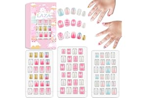 Laza 72pcs Children Nails Press On Pre-glue Full Cover Gold Silver Glitter Pink Blue Shell Star Heart Short False Nail Kits for Kids Teenager Girls - Glitter Stars