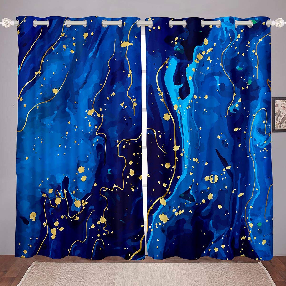 Marble Room Darkening Curtain Blue Gold Marble Print Curtains for Bedroom Modern Blue Thermal Insulated Window Drapes Kids Women Adults Abstract Art Window Treatment W66*L72 — image 1