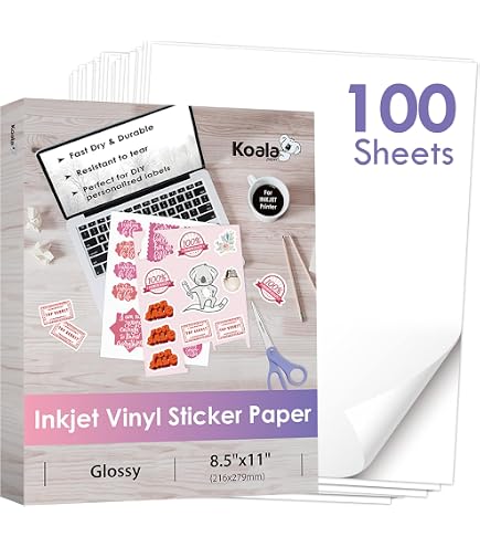 Koala Lot de 20 feuilles de papier autocollant en vinyle blanc mat pour imprimante à jet d'encre - 21,6 x 27,9 cm - Fonctionne avec une machine à découper Koala Lot de 20 feuilles de papier autocollant en vinyle blanc mat pour imprimante à jet d'encre - 21,6 x 27,9 cm - Fonctionne avec une machine à découper