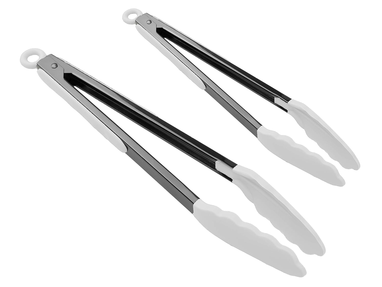Country Kitchen Stainless Steel Silicone Tipped Kitchen Food BBQ and Cooking Tongs Set of Two 10” and 13” for Non Stick Cookware, BPA Fee, Stylish, Sturdy, Locking, Grill Tongs, Gunmetal and White