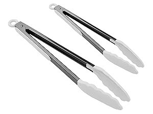 Country Kitchen Stainless Steel Silicone Tipped Kitchen Food BBQ and Cooking Tongs Set of Two 10” and 13” for Non Stick Cookware, BPA Fee, Stylish, Sturdy, Locking, Grill Tongs, Gunmetal and White