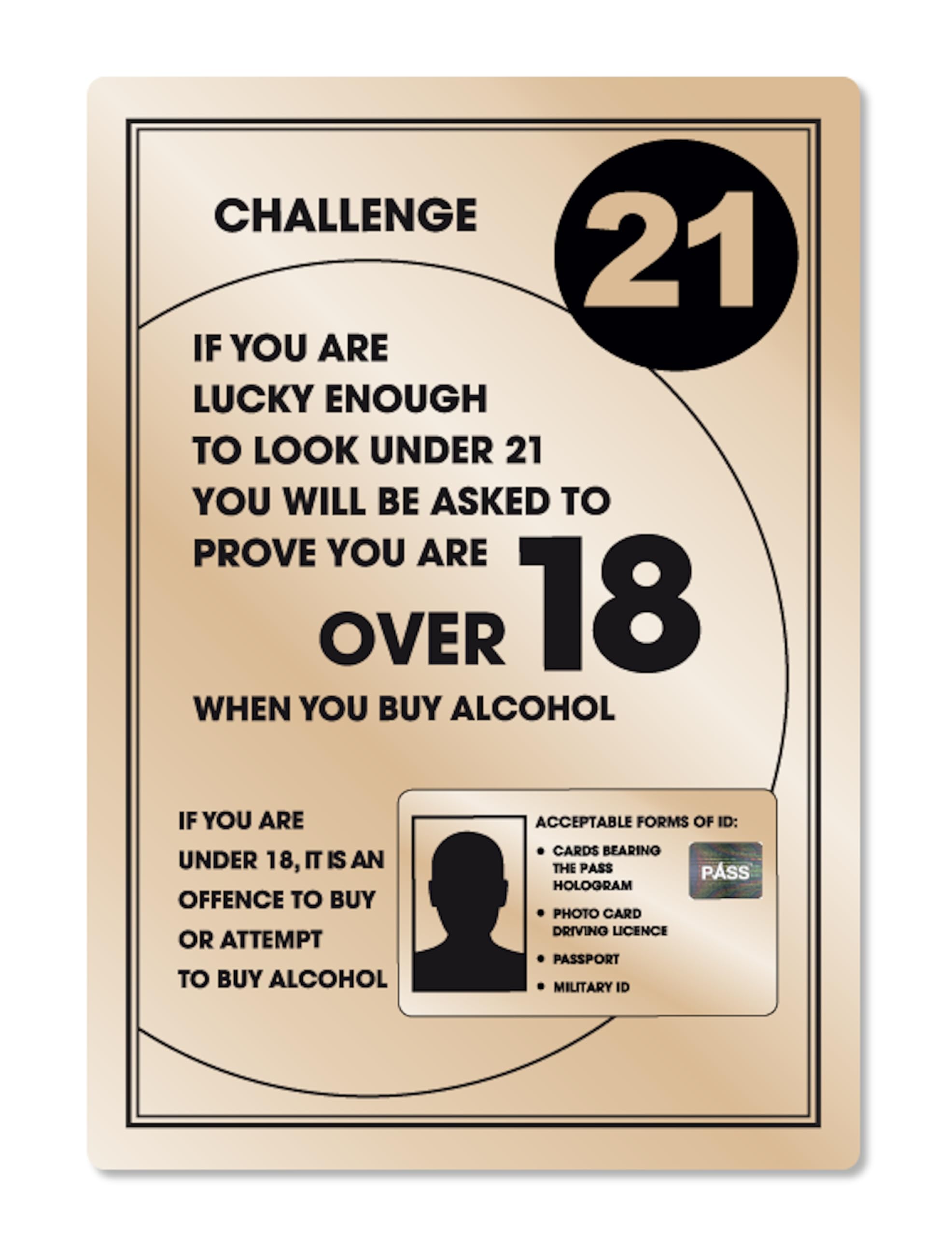 Challenge 21 Sign Gold A4 297 x 210mm Alcohol Law Sign Pub Bar Restaurant