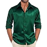 Hi-Tie Mens Long Sleeve Dress Shirt Satin Button Down Casual Prom Wedding Regular Fit Button Up Shirt