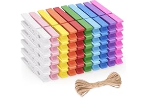 jijAcraft Colored Wooden Clips with String, 50Pcs 2.9Inch Large Clothes Pins, 10 Colors Photo Display Hanging Clips, Craft Decoration Wooden Clips for Baby Shower, Birthday, Wedding