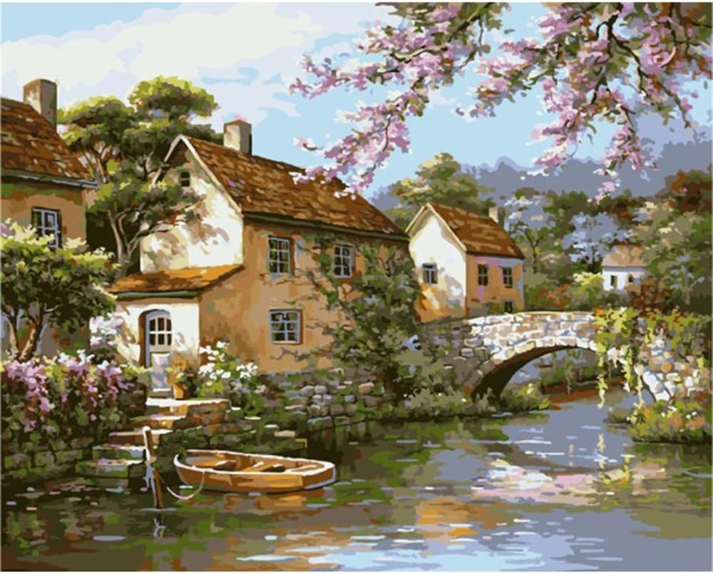 Diy Digital Oil Painting Paint By Number Kits On Canvas - Home Decorations Mural - Rivers And Houses (Frameless) Acrylic Paint 40×50Cm
