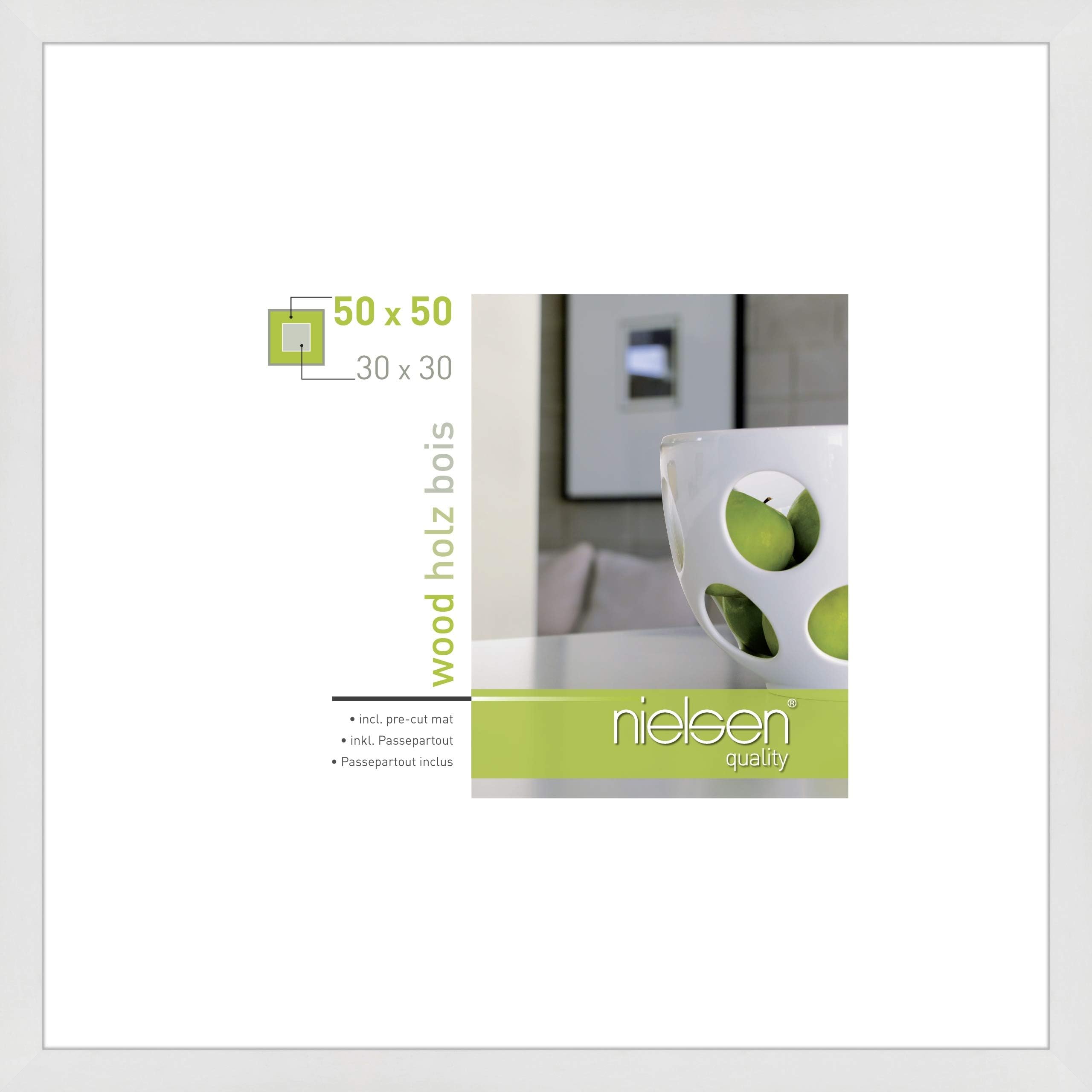 Apollon Photo Frame White 50x50cm Wooden Picture Frame with White Mount to Fit 30x30cm, Protective Float Glass and Push and Turn Clips - White