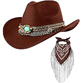 Cowboy Hat with Fringed Bandana Set for Women Wide Brim Western Cowgirl Hat Paisley Head Wrap Scarf