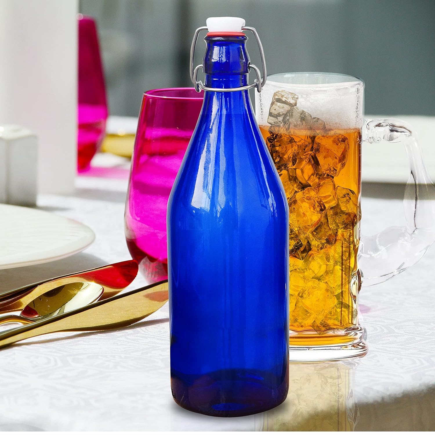 KWARE Vintage Style Glass Bottles 1 Litre Swing Top Bottles - Ideal for Domestic or Commercial Use - Fill with Water, Wine, Liquor, Oil, Beer, Schnapps or Cordials (Blue)