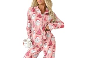 Ecosunny Christmas Santa Pajama Set Women's Long Sleeve Sleepwear Soft Loungewear Two Piece Button Down Pjs Lounge Set