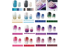MWELLEWM 14 Sheets Nail Stickers Glitter Gradient Color Shine Full Wraps Polish Stickers Decal Strips Self-Ashesive Nail Art Sets for Women Girls