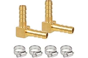 JUWO 5/16" Hose Barb Elbow 90 Degree, Brass Barb Fitting for Fuel, Air, Oil, 4 Clamps Included (2-Pack)