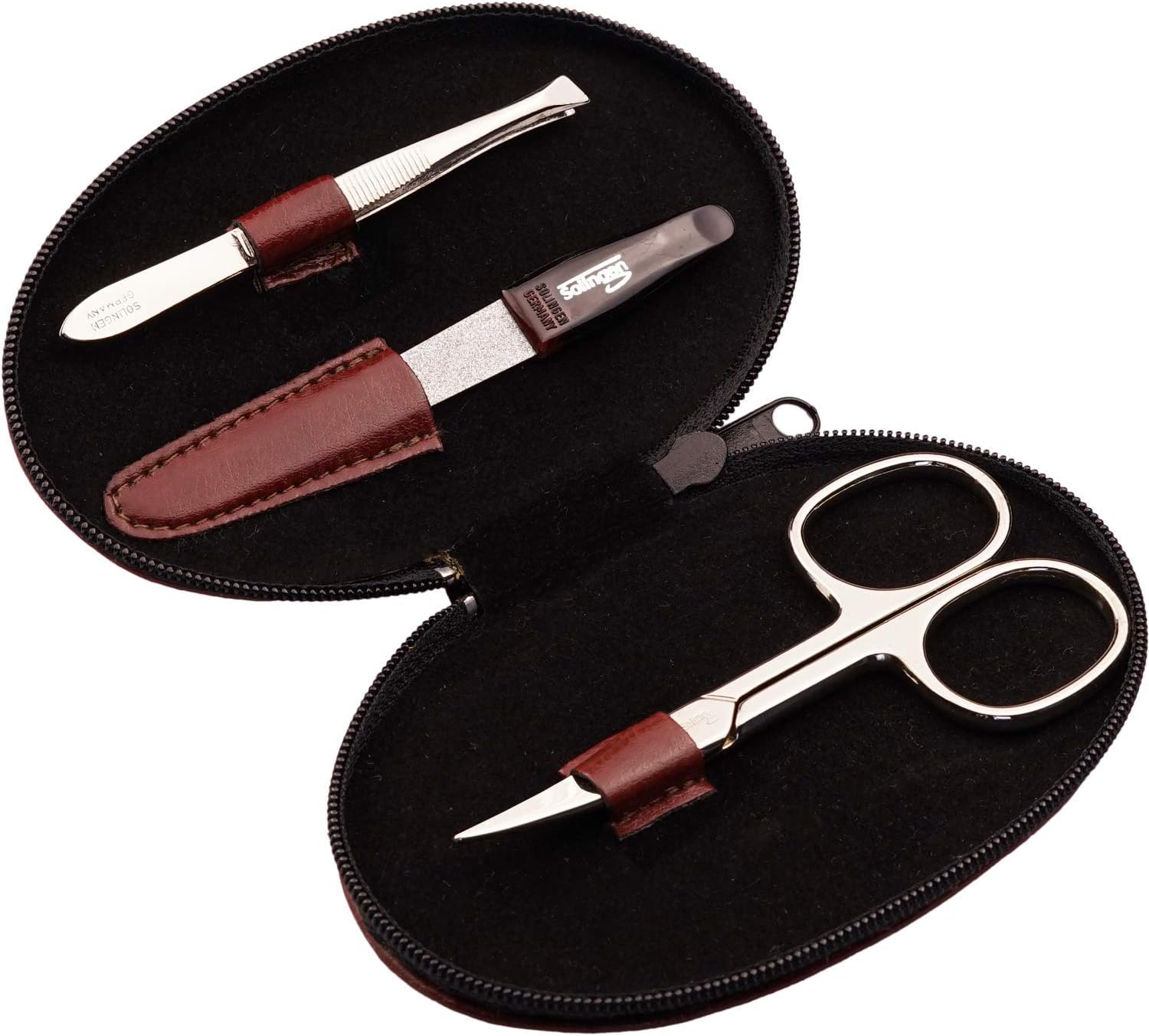 Solingen Manicure Set for Women and Men - 4-Piece Nail Kit, comprising sharp scissors, tweezers, nailclippers, and sapphire nailfile - Ideal for travelling, brown