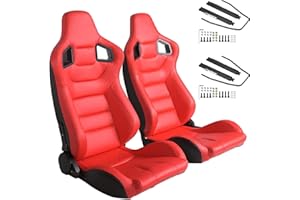 CIWUCSEAT 2 Pieces Universal Racing Seats with Dual Lock Sliders, Red PVC Leather, For Car Use（Left and Right）