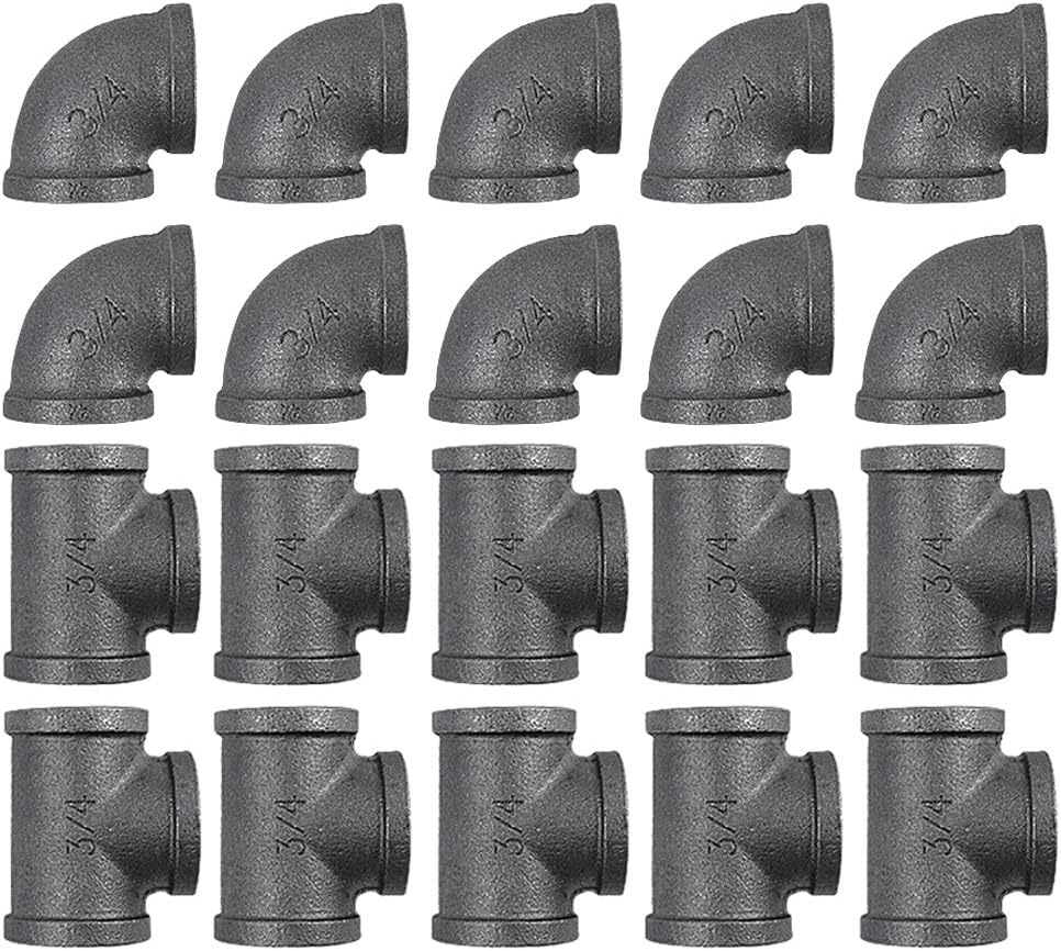 GOOVI 3/4 Inch Cast Iron Pipe Fittings (10 Pipe Elbows, 10 Pipe Tees), 3/4 Inch Black Pipe Fittings, Plumbing Tee and Elbow Best for Steampunk Pipe Shelf and DIY Furniture,20 Pack.