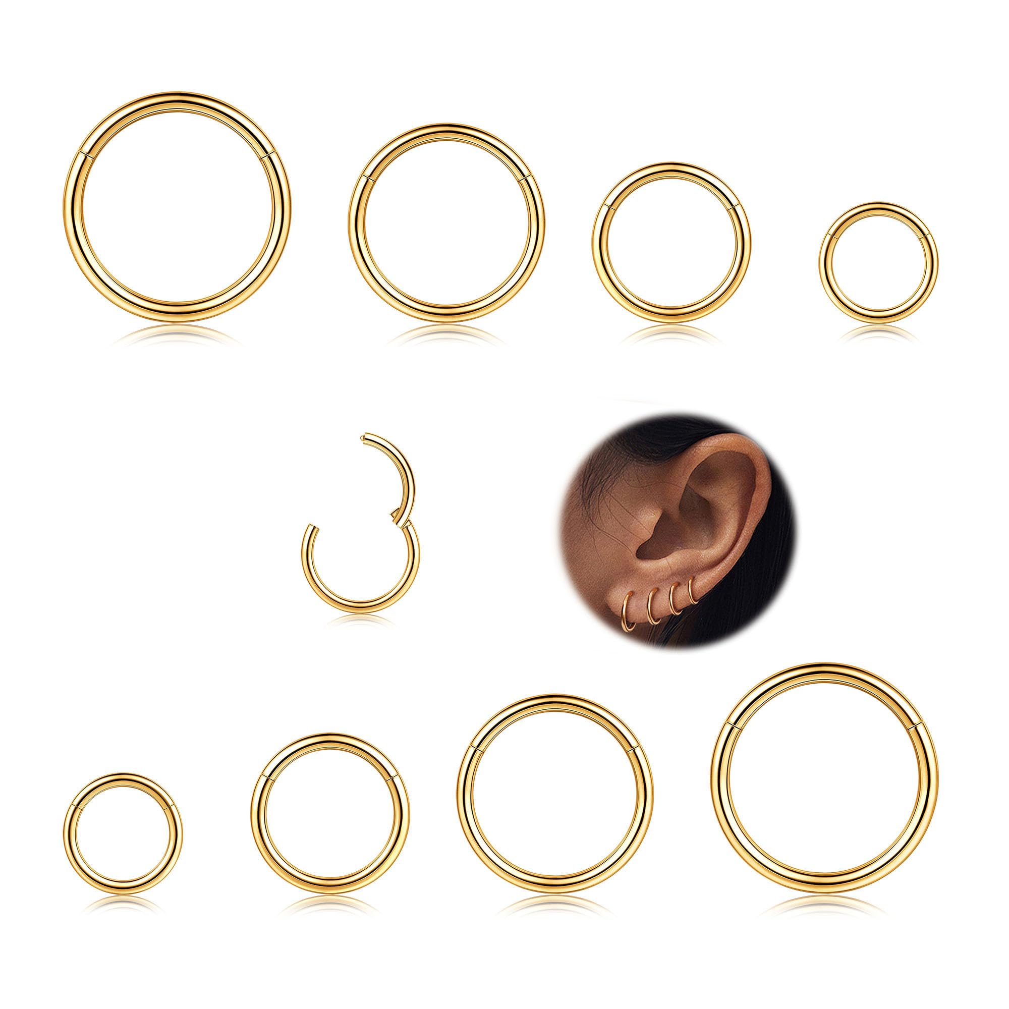 MILACOLATO 8Pcs 16G Surgical Steel Hinged Clicker Segment Nose Rings Hoop Helix Cartilage Daith Ohr Tragus Sleeper Earrings Body Piercing 6-12MM Gold