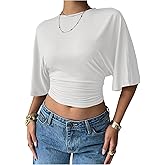Verdusa Women's Half Sleeve Cinched Waist Tops Ruched Crew Neck T Shirts Going Out Crop Tops