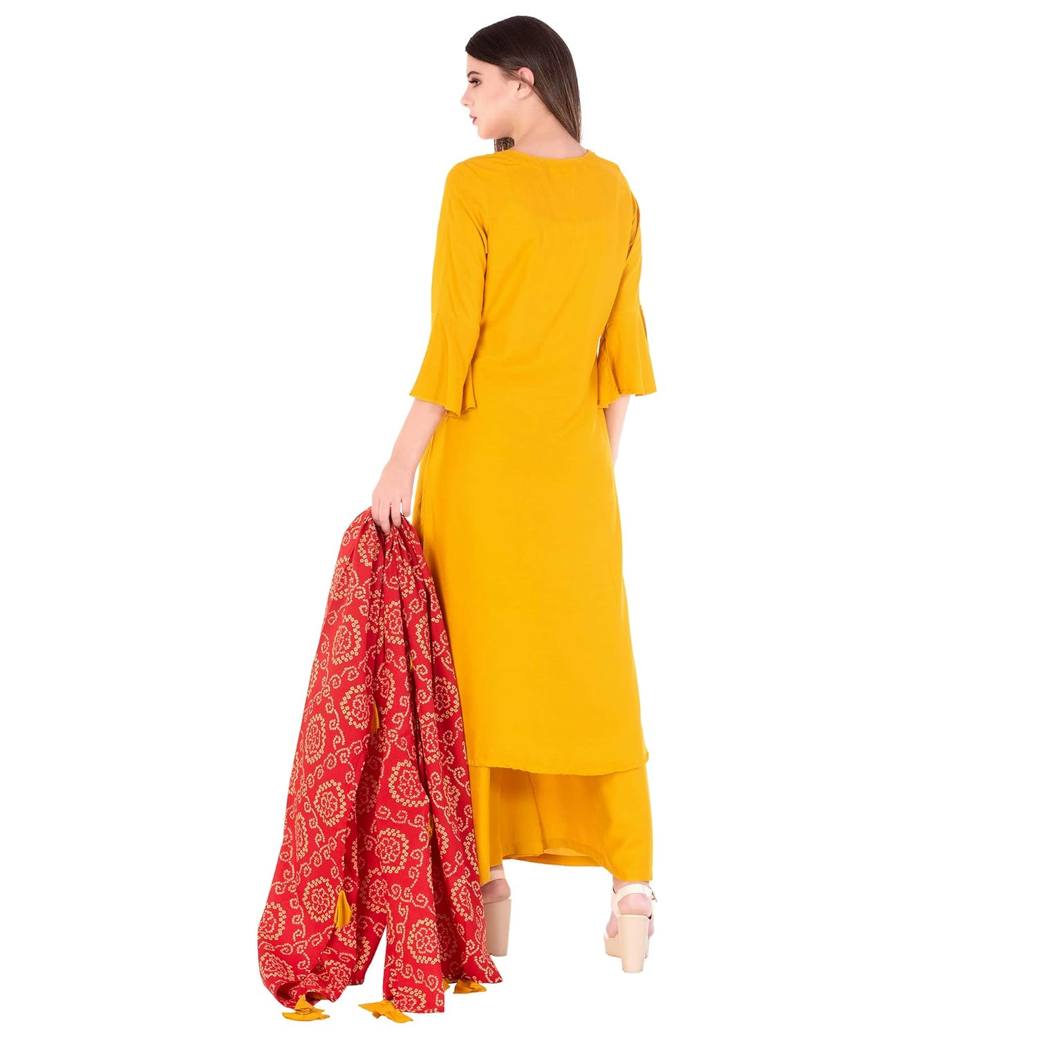 ortange readymade women's rayon kurta, palazzo with printed dupatta set