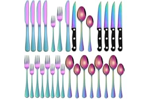 Rainbow 24 Pieces Stainless Steel Cutlery Sets with Steak Knives Service for 4,Colorful Silverware Eating Utensils Sets Inclu