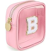 LOFOWN Initial Clear Makeup Bag Small Cosmetic Bag Travel Toiletry Bag Clear Zipper Pouch Purse Organizer Bags for Women (Pink, B)
