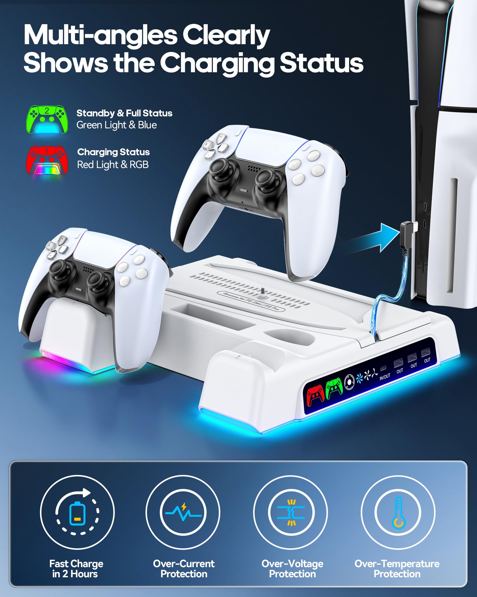 PS5/ Slim/Pro Stand for Disc & Digital Console, PS5 Cooling Station with Dual Controller Charging Station for PlayStation 5 Console, 3-Level Fan PS 5 Controller Charger Accessories Stand-White