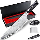MOSFiATA 8" Super Sharp Professional Chef's Knife with Finger Guard and Knife Sharpener, German High Carbon Stainless Steel EN1.4116 with Micarta Handle and Gift Box