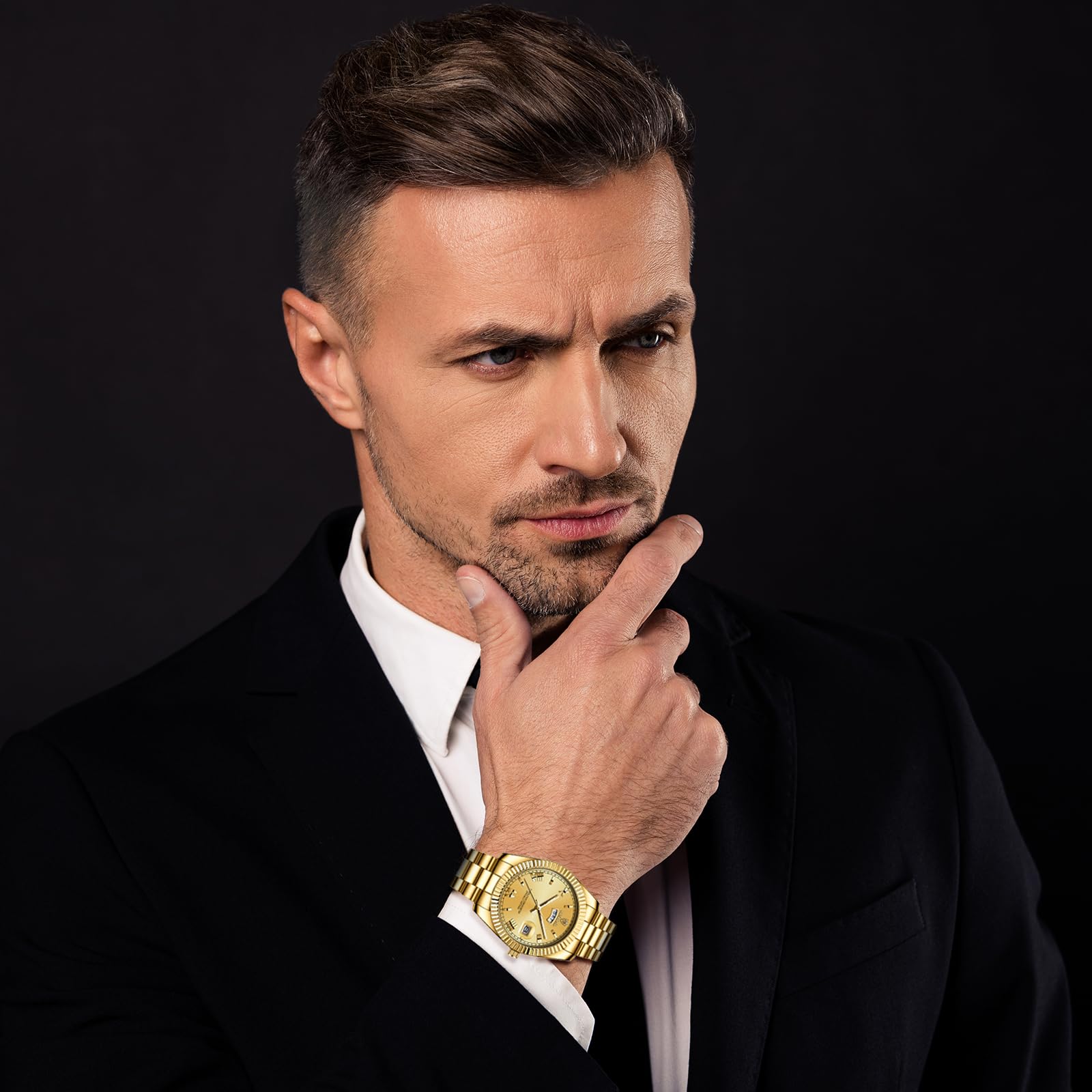 JewelryWe Men's Watch Stainless Steel Quartz Analogue Watch 30 m Waterproof Roman Numerals Dial Watch with Week Date Calendar and Luminous Hands Father's Day Gift