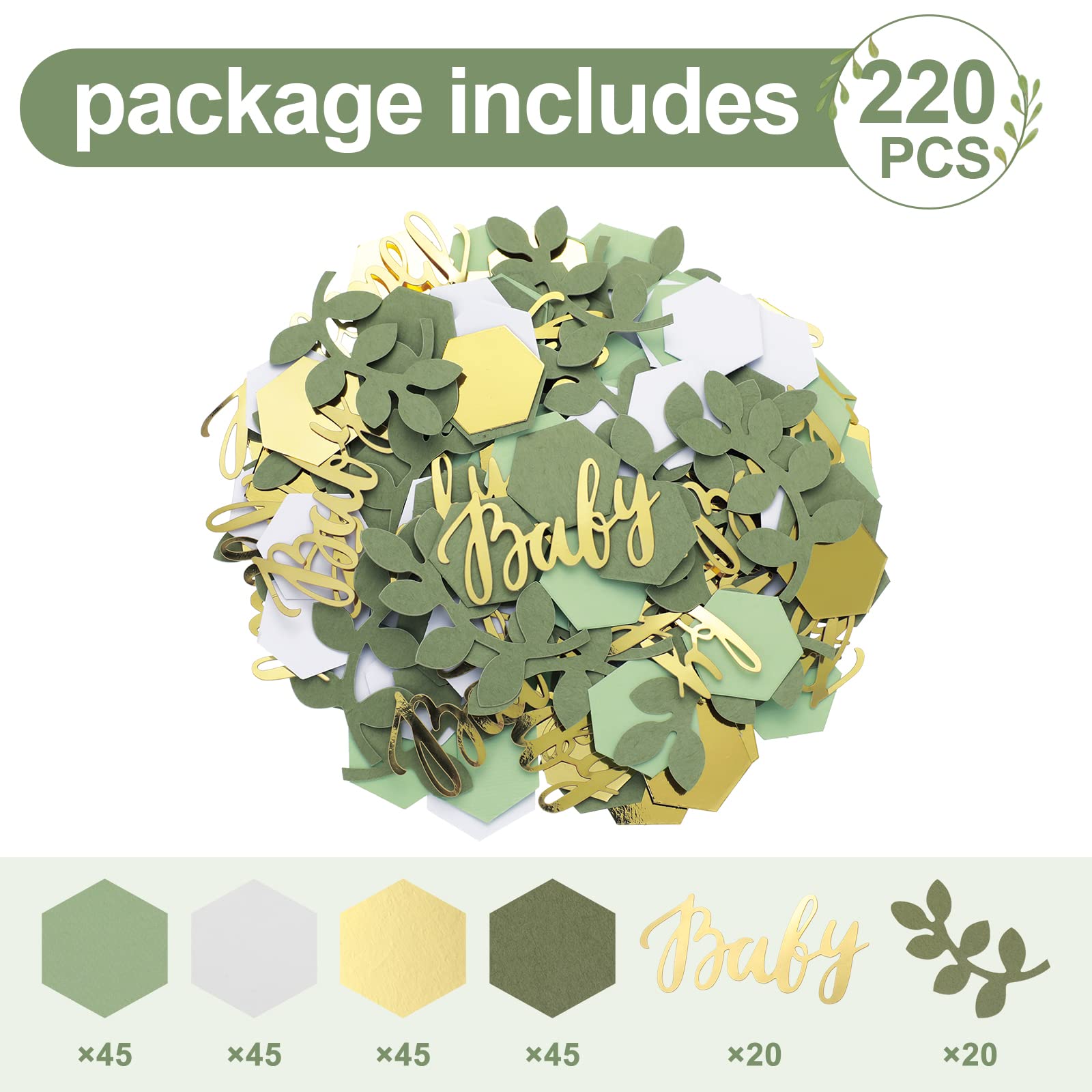 220 Pcs Greenery Baby Shower Confetti Table Decoration with Eucalyptus Sage Green Gold Paper Neutral Confetti Scatter Hexagon Shape for Baby Girl Boy Gender Reveal Birthday Party Decor(Fresh Color)