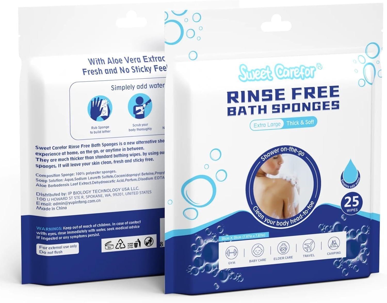 Sweet Carefor Rinse Free Bath Sponge Wipes Body Wash Wipes for Bathing -Bed bath,Camping, Festivals,Hospitals, Gym and Travel (Pack of 1 (25 PCS))