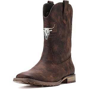 JASONSTAR Western Cowboy Boots for men, Vintage Distressed Brown Square Toe Mid-Calf Boots with Longhorn Skull American Flag