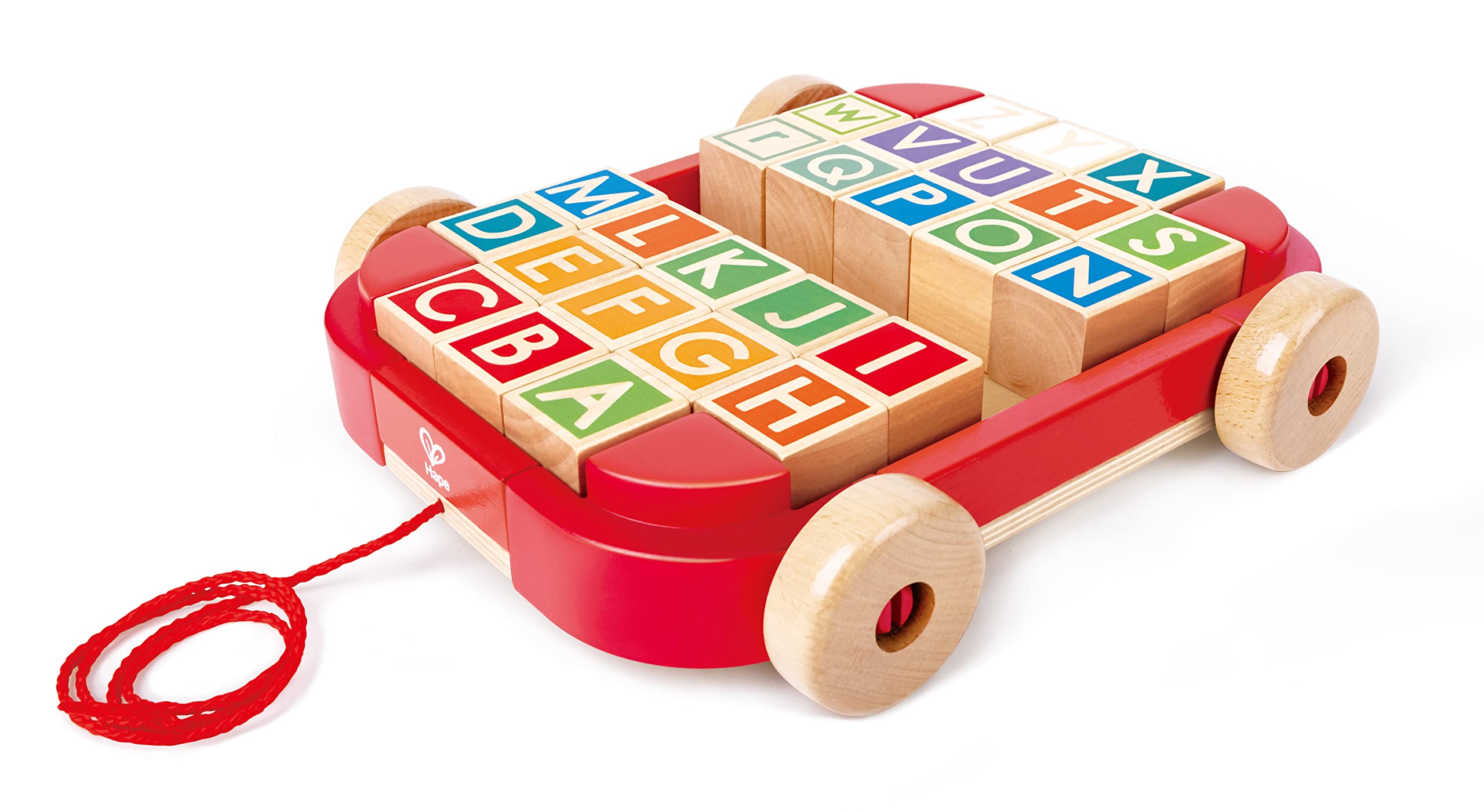 Hape Letter building blocks in a pull-up trolley, pull up toys and building blocks