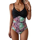 B2prity Women's One Piece Swimsuits Tummy Control Front Cross Bathing Suits Tie Back Slimming V Neck Swimwear