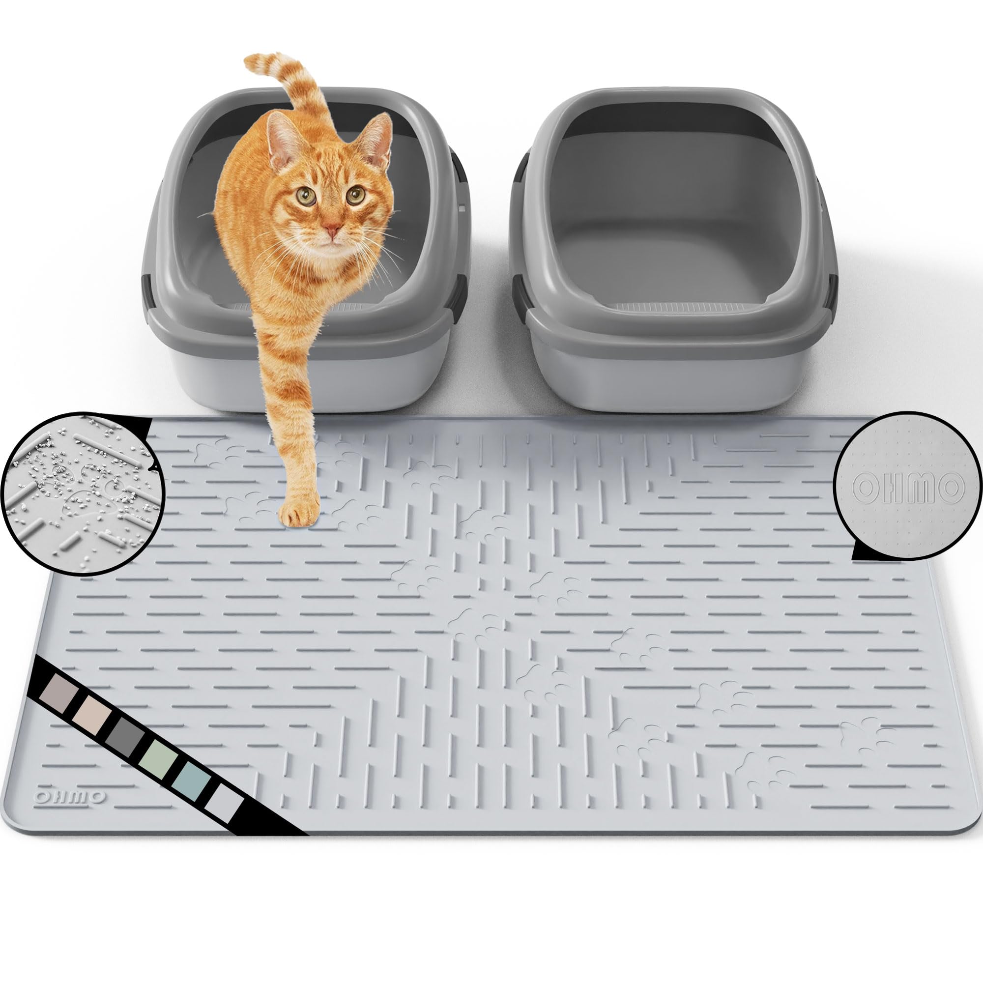 OHMO Cat Litter Mat Large 80 x 60 cm Ash Grey Premium Silicone, Easy to Clean Waterproof Kitty Under Box Trapping Mat, Keep The Floor Tidy